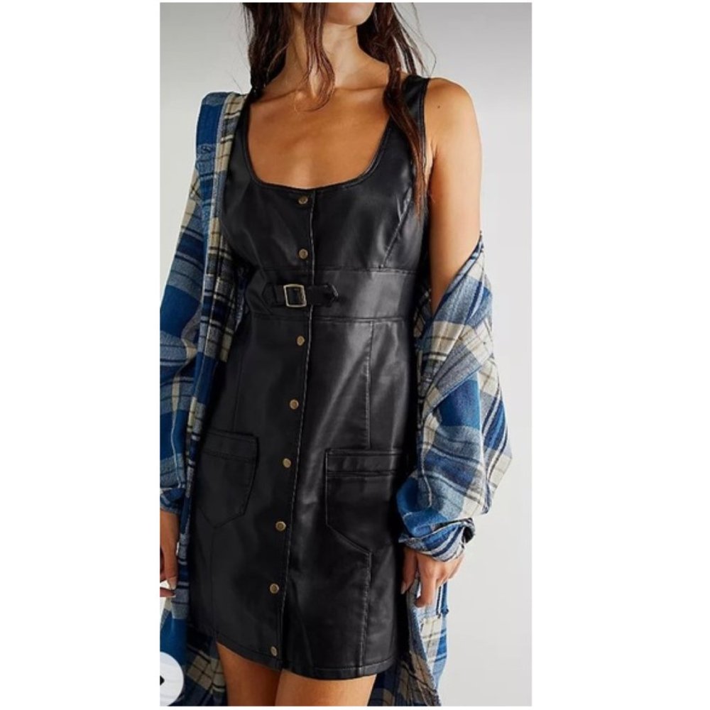 NEW Free People Elandra Mini Dress Black Faux Vegan Leather Pleather